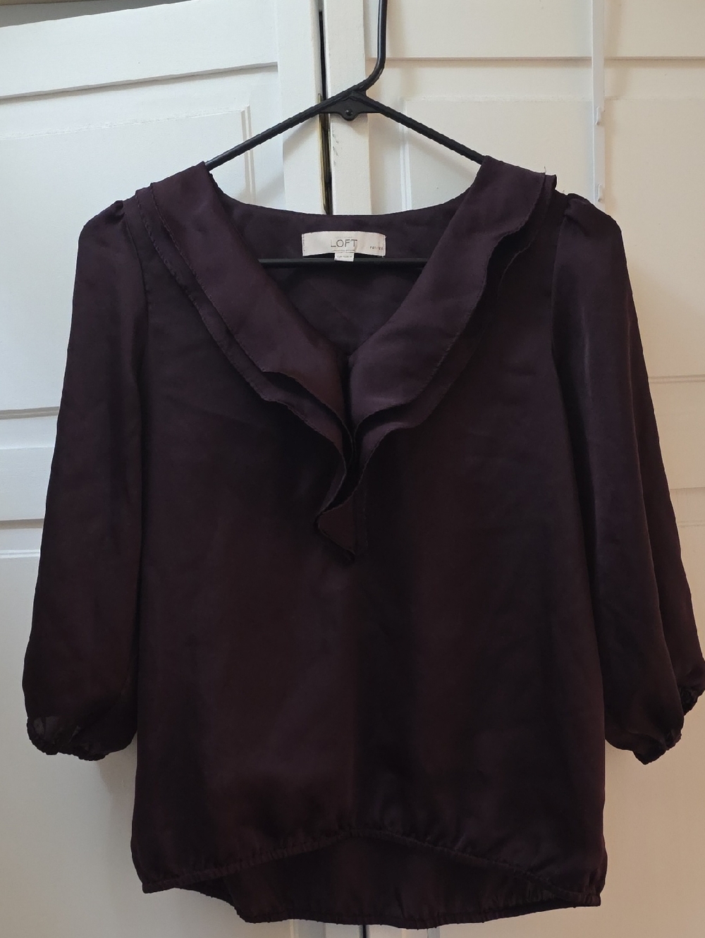LOFT Plum Ruffle V-Neck Blouse Small Petites